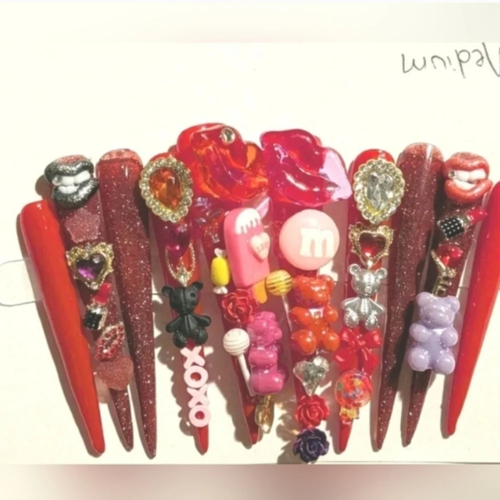 Red and Pink Decorative 4xl Acrylic Press On Nail Set Sz Medium